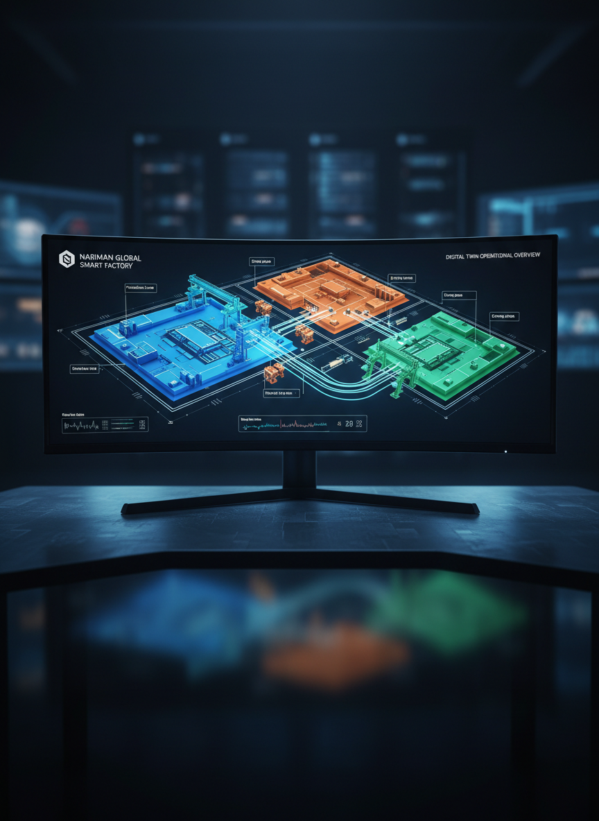 A sleek digital twin control room displayed on a large ultra-wide curved monitor, showing a detailed 3D model of a precast concrete factory. On screen, color-coded production lines, storage zones, and curing areas are rendered in clean, high-contrast tones, with animated material flow paths overlaid. The monitor sits on a minimal dark workstation surface in a dim, modern environment, illuminated primarily by the cool, crisp glow of the screen. Reflections on the desk subtly mirror the digital factory scene. Photographic realism with a slightly elevated frontal angle, shallow depth of field softening the distant background. The mood is high-tech, analytical, and precise, emphasizing Nariman Global’s Smart Factory and digital twin capabilities.