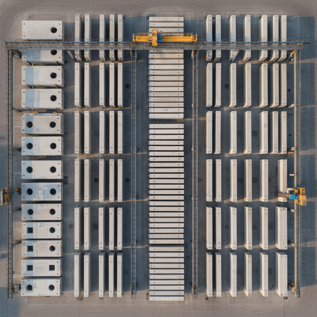 A bird’s-eye view of a meticulously organized precast concrete yard, filled with neatly aligned wall panels, hollow-core slabs, and beams, all in uniform light grey tones. Each element has clean, straight edges, integrated openings, and embedded hardware, laid out in a grid-like pattern on a smooth paved surface. Overhead crane rails and storage lanes create geometric lines across the scene. Soft late afternoon sunlight from the side casts long, precise shadows, highlighting the repetitive modularity. Photographic realism with high clarity, emphasizing both the large-scale layout and small surface details. The atmosphere is efficient, orderly, and optimized, illustrating industrial-scale precast production and logistics planning for smart, faster construction.