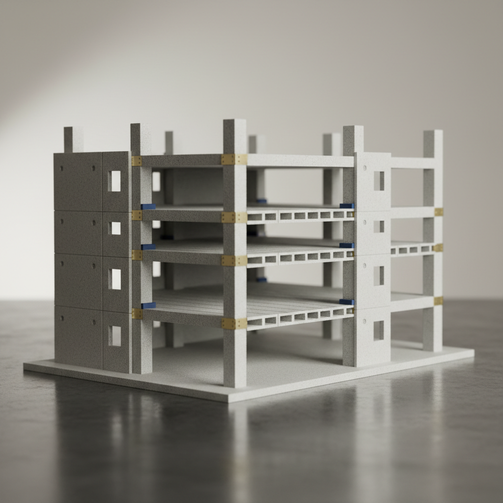 An elegant cutaway visualization of a precast concrete building structure under construction, shown as a realistic physical architectural model on a smooth dark grey tabletop. Individual precast columns, beams, hollow-core slabs, and façade panels are clearly defined, with joints, connectors, and bearing pads subtly highlighted in contrasting materials. Neutral, diffused studio lighting from above and slightly to the side creates gentle shadows that emphasize depth and connection details without harsh contrast. Photographic realism with a slightly elevated three-quarter view, sharp focus on the central structure, and very soft blur at the model’s edges. The mood is professional, clear, and educational, showcasing systemized precast engineering for faster, smarter building assembly.