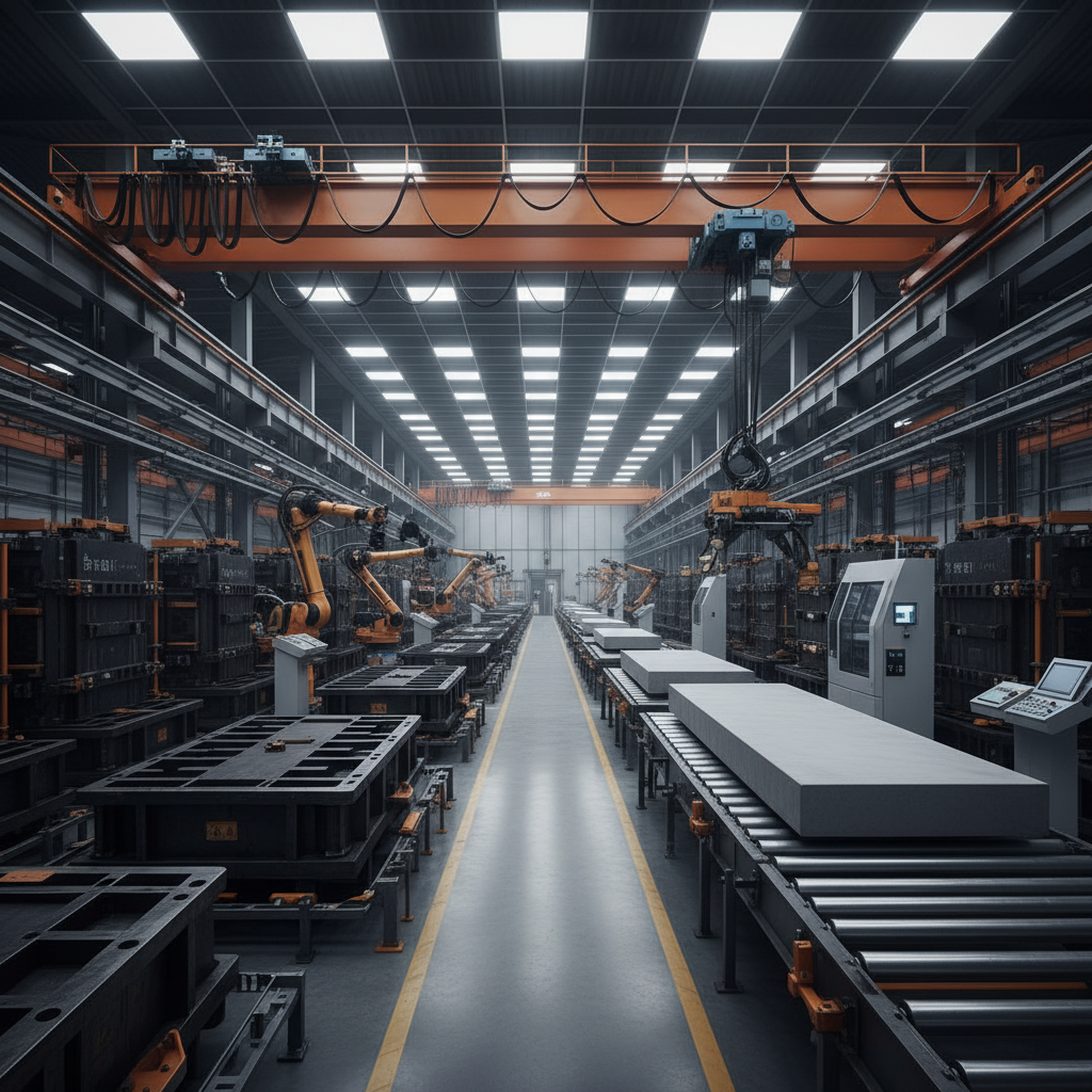 A modern, high-tech precast concrete Smart Factory interior rendered in photographic realism: automated casting beds arranged in parallel rows, overhead gantry cranes, and robotic equipment poised near steel molds. The molds are dark, oiled steel with clean lines, while partially cured concrete elements in soft grey rest nearby on roller conveyors. The factory is brightly lit by evenly spaced LED strip lights in the ceiling, creating a uniform, shadow-free environment that emphasizes order and efficiency. Captured from an eye-level perspective looking down a central aisle, with crisp focus throughout so every machine and surface detail is visible. The mood is cutting-edge, precise, and organized, perfectly conveying digitalized, industrialized construction workflows.