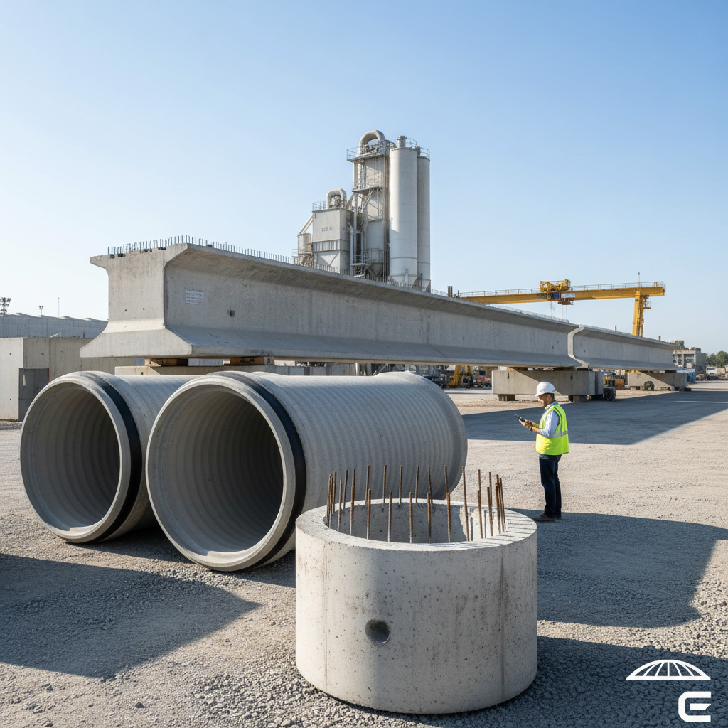 High-quality professional photo of precast concrete elements in a yard: a manhole segment, large concrete drainage pipes, and a bridge girder beam, modern industrial setting, clean composition, suitable for an engineering company website