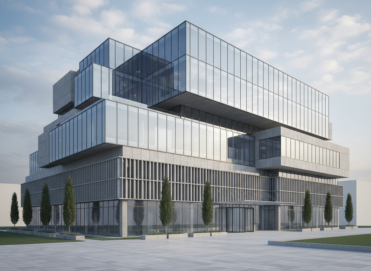 Modern civil and architectural building with glass and precast concrete volumes