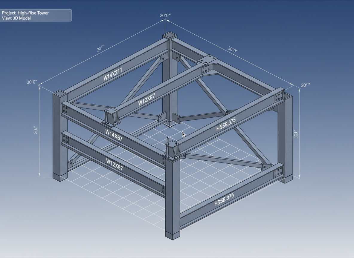 Steel structural frame 3D model with dimensions