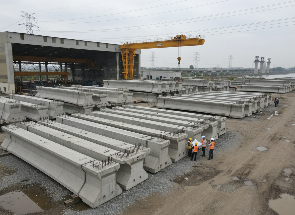 Precast and prestressed concrete bridge girders in plant yard