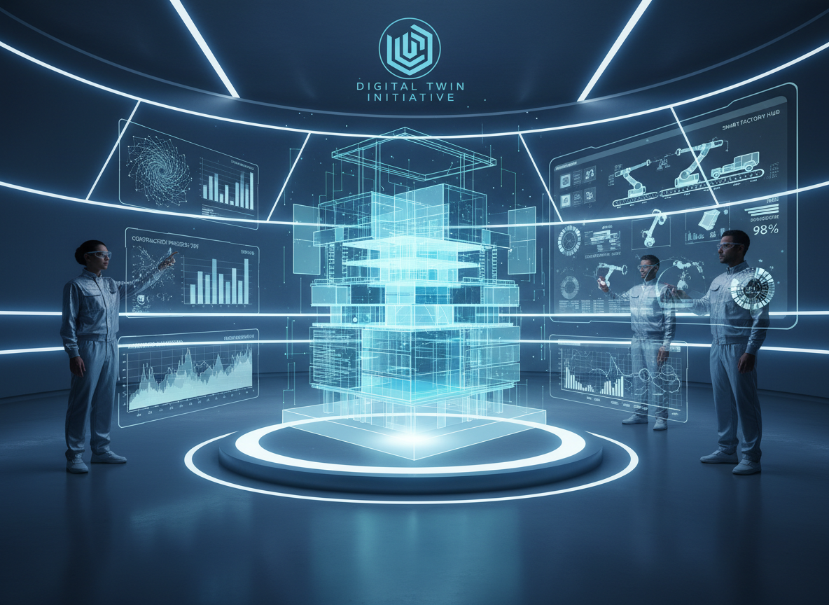 Digital twin holographic building with engineers in futuristic control room