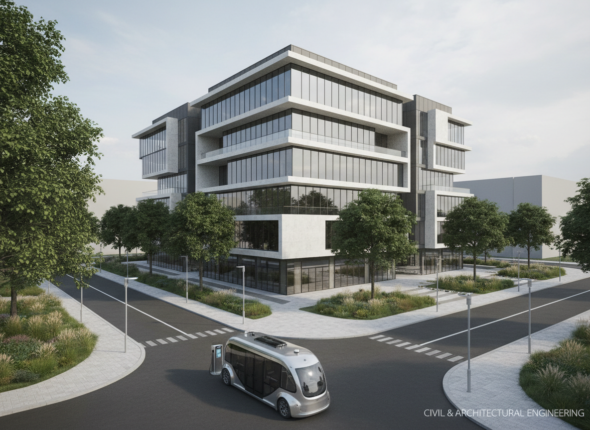 Photorealistic 3D render of a modern civil and architectural project: a distinctive mid-rise commercial building with bold, clean geometry, glass and precast concrete facade, landscaped site with roads and sidewalks, shown in a professional architectural visualization style, wide-angle, neutral daylight, suitable as a hero image for a civil and architectural engineering department website.