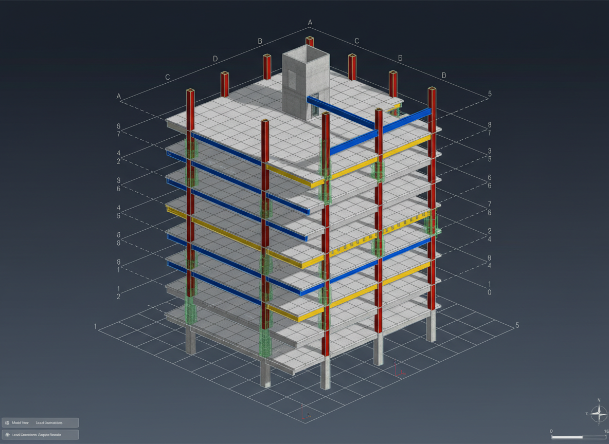 High-resolution, professional screenshot-style image inspired by Tekla Structures or ETABS output: 3D structural model of a multi-story concrete and steel building with color-coded beams, columns, slabs, and reinforcement, gridlines and levels visible, clean dark background, engineering software UI elements minimized, suitable as a hero image for a structural engineering department website.