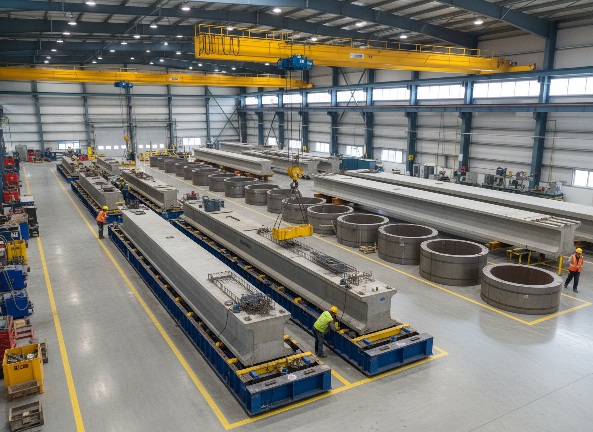 Photorealistic image of a modern precast concrete factory producing bridge elements and manholes: large indoor plant with casting beds, steel molds for bridge girders, circular forms for manholes, overhead cranes, stacks of cured precast elements, clean organized layout, neutral industrial lighting, wide-angle view capturing both production line and finished products, suitable as a hero image for a precast department website.