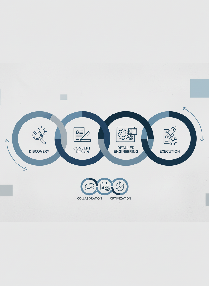 Clean, modern illustration of an engineering engagement model: overlapping phases like discovery, concept design, detailed engineering, and execution shown as connected circles or steps, with icons for collaboration, planning, and optimization. Neutral light background, subtle concrete and blue tones, suitable for a professional engineering website.