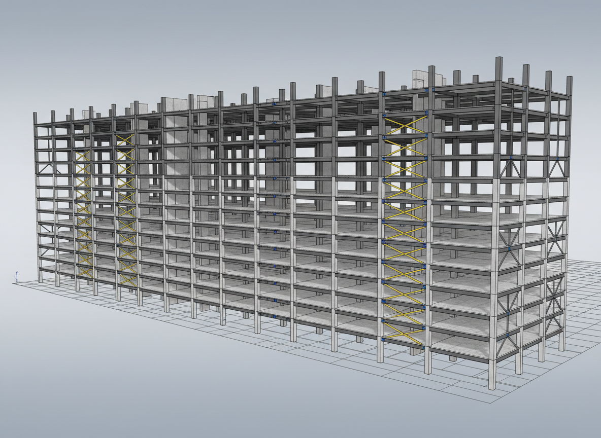 High-detail Tekla Structures style 3D structural model render of a multi-story steel and concrete building with many bays and floors, large footprint, beams, columns, slabs, and bracing clearly visible, exported from engineering software on a neutral light background, professional and technical look suitable for an engineering website gallery. Match 4:3 aspect ratio like surrounding images.