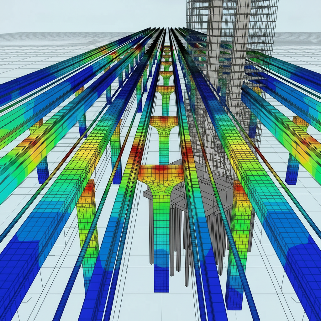 precast concrete engineering A close-up of prestressed concrete production: a long steel casting bed stretching into the distance, tightly tensioned bright steel strands running perfectly straight along its length. Freshly cast light grey concrete surrounds the strands, with smooth, troweled surfaces and clean edges contained by robust steel side forms. Overhead industrial LED lights produce a cool, even illumination, creating subtle reflections along the strands and crisp linear shadows in the forms. Photographic realism, captured from a low, eye-level angle along the bed, emphasizing depth and perspective as the lines converge toward a softly blurred vanishing point. The atmosphere is focused, technical, and meticulous, highlighting the precision and engineering behind prestressed concrete elements.